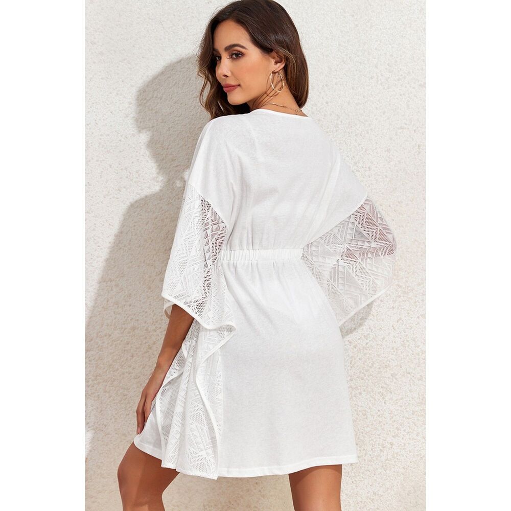 White Kimono Sleeve Swim Cover Up – Boho Beach Dress Bathing Suit Layer Size‎ S